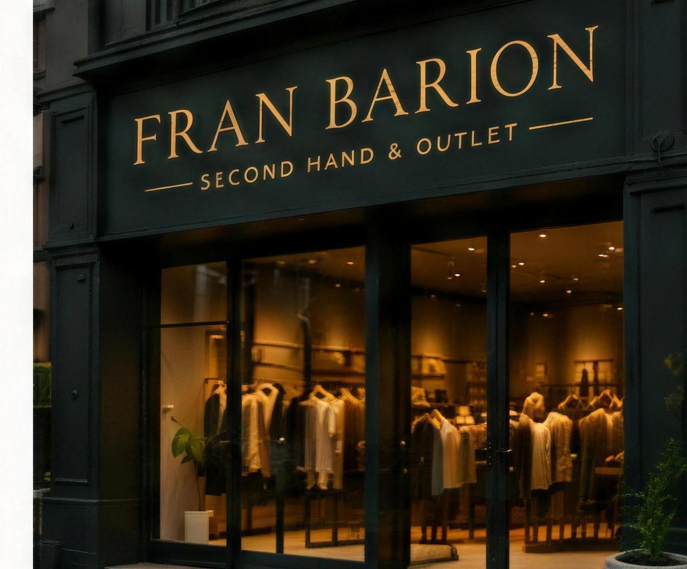 Fachada da boutique Fran Barion Second Hand & Outlet, em verde profundo com o monograma dourado